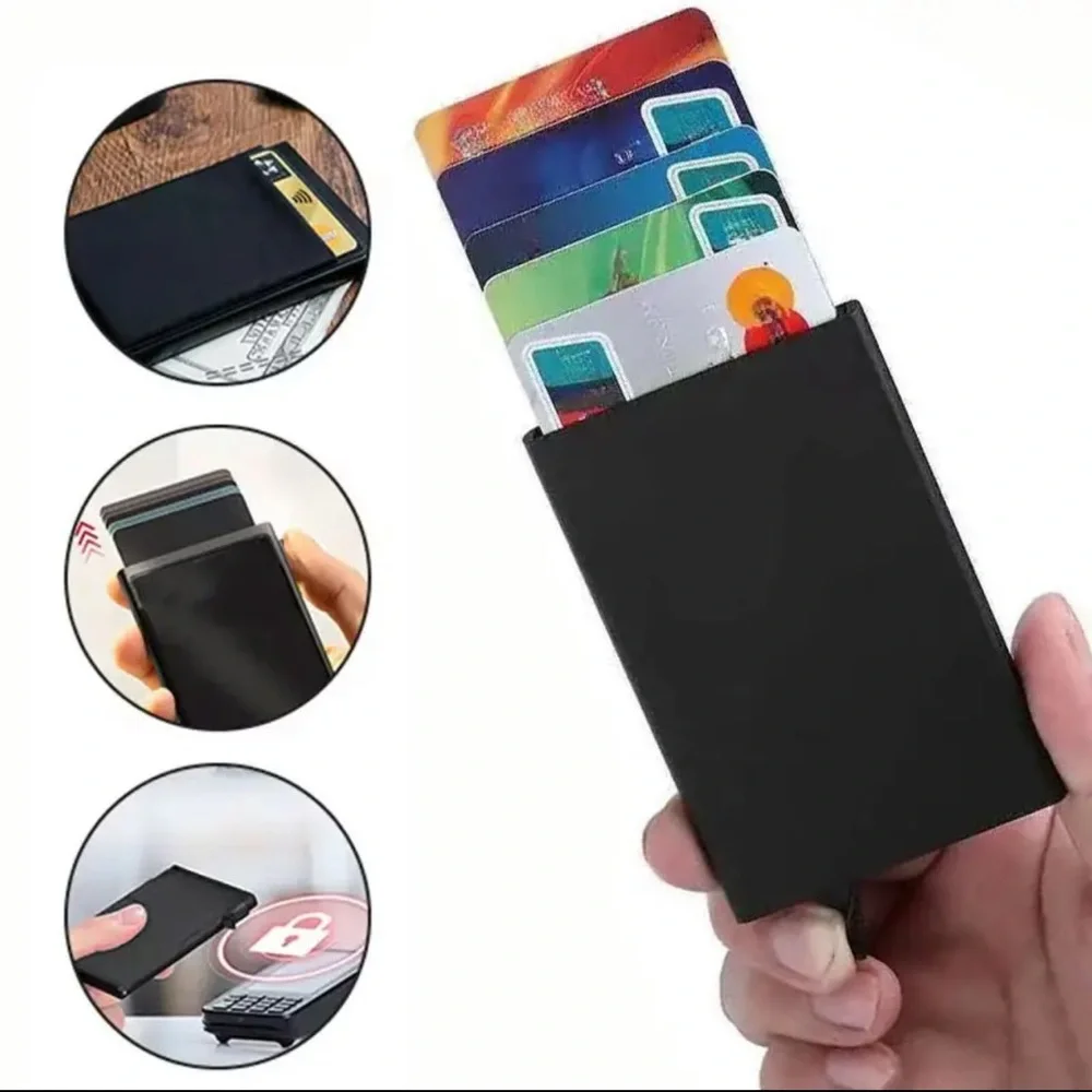 Men’s RFID Blocking Card Holder Slim Black Automatic Pop-Up Wallet Discrete